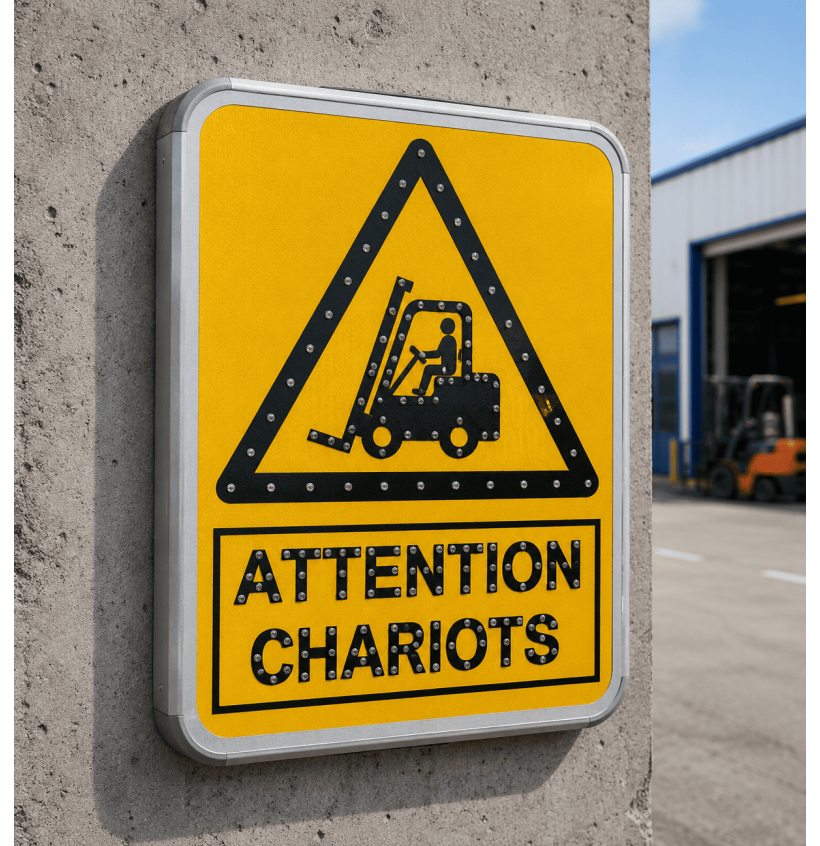 Panneau solaire LED attention chariots élévateurs 700 x 550 mm – Autonome | Film Classe 2 | Visibilité 250 m