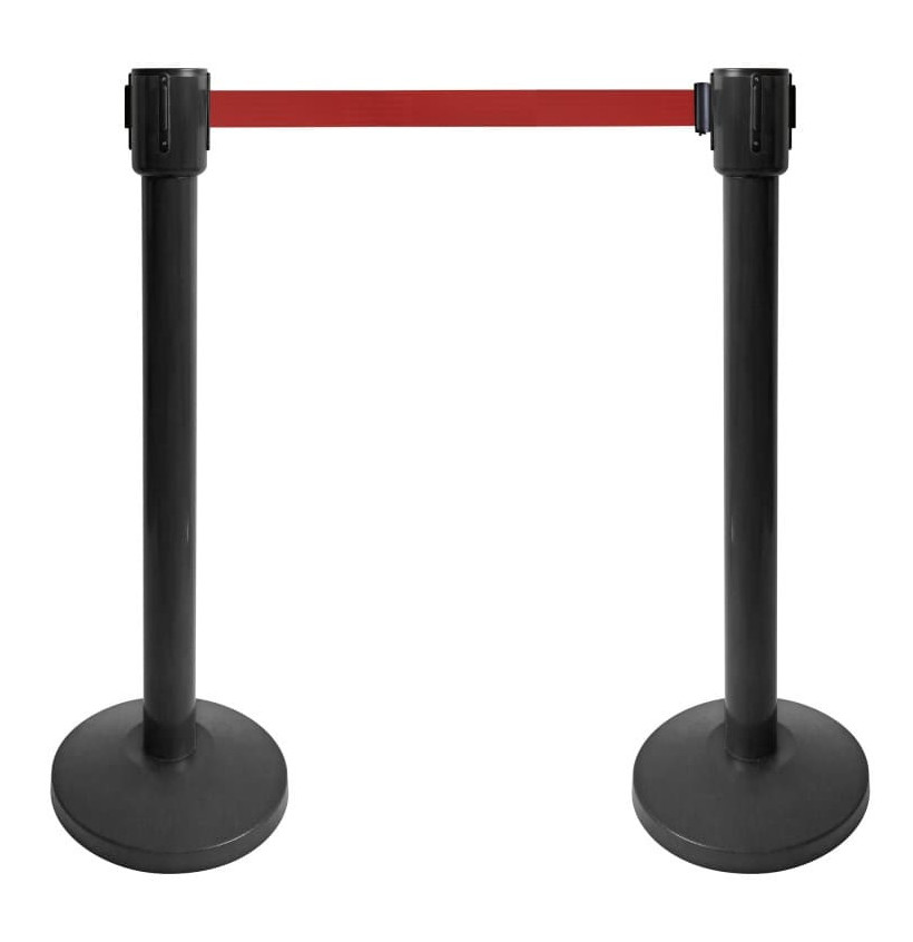Kit 2 poteaux à sangle 10 m Ø76 mm – Noir ou inox | Guidage public et régulation de trafic intérieur
