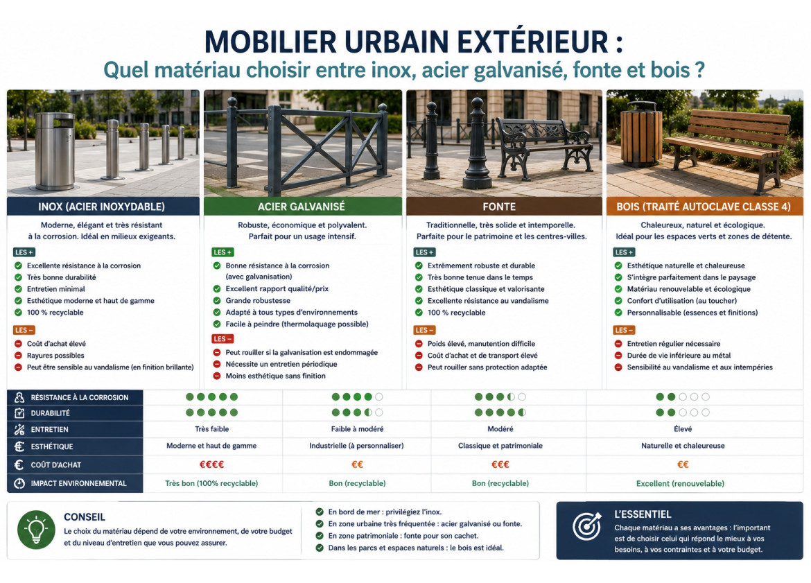 Mobilier urbain extérieur : quel matériau choisir entre inox, acier galvanisé, fonte et bois ?